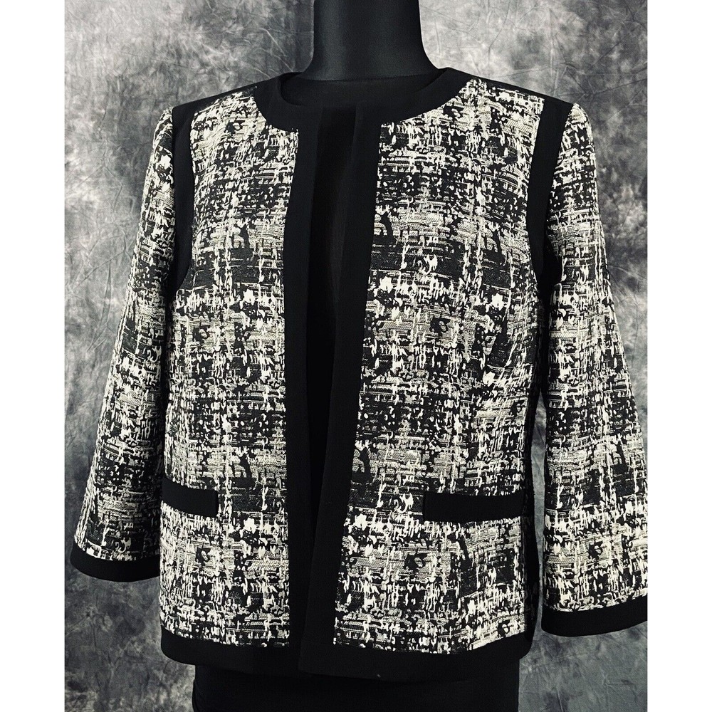 Kasper Abstract Print Open Blazer Jacket 14P Black/White/Silver Jacquard